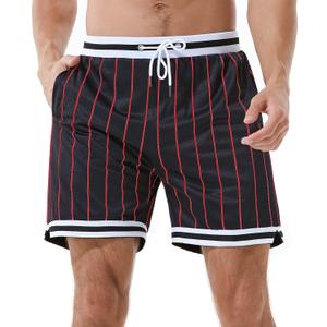 HEALONG Mens Retro Basketball Shorts: 5-7 Inch Heavyweight Double Layer Mesh Deep Pockets 90s Vintage Athletic Gym Workout (Large, Red Stripes)