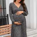 OUGES Womens 2023 Fall Long Sleeve Maternity Dress for Baby Shower Photoshoot V Neck High Waist Midi Dress with Pockets (L)