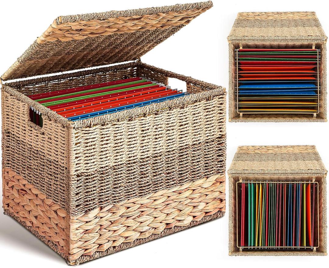 Extra Large Decorative File Box 181613in Seagrass Wicker File Box Organizer for Letter & Legal Size Hanging Filing Basket with Lid Document Folder Cabinet Home Office(Tricolor,Water Hyacinth)