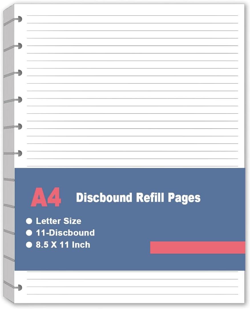 A4 Discbound Lined Refill Paper, 11 Disc Hole Punched Ruled Filler Paper, Letter Size Refills Paper, 100Sheets / 200Pages, Loose-Leaf Paper, 100gsm Paper, 8.5'' x 11''