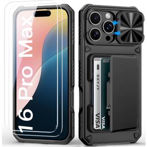 for iPhone 16 Pro Max Case Wallet with Screen Protector (Tempered Glass), Card Holder (4-5 Cards), Slide Camera Cover, Military Grade Drop, Heavy Duty Men Women Case for iPhone 16 Pro Max, Black