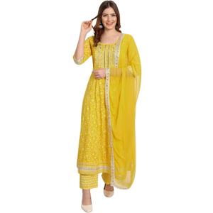 Rayon Anarkali Indian Kurti For Women Summer Dress Kurta Pant With Dupatta Set Pakistani Kurta (Large, Yellow)
