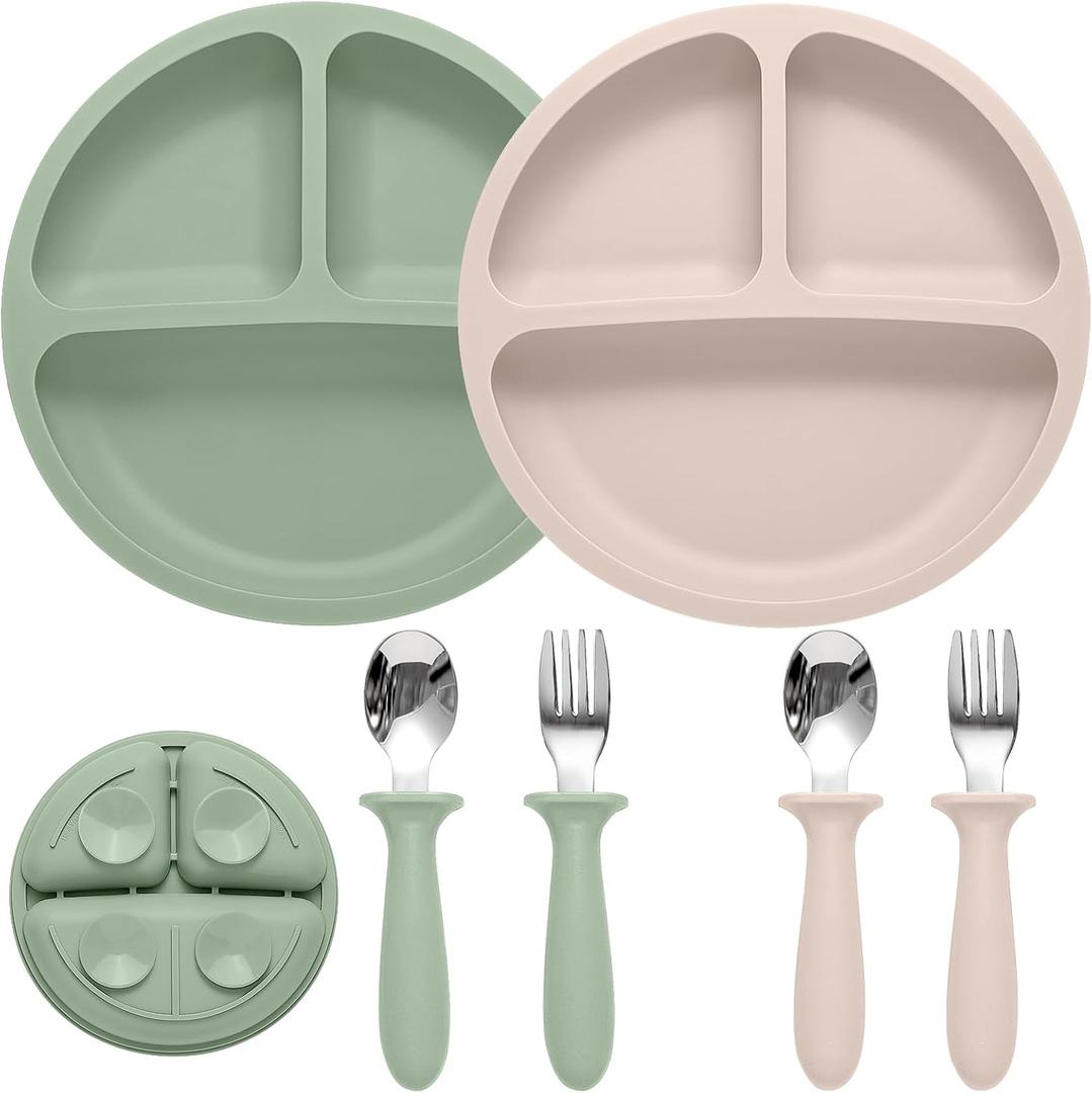 Baby Feeding Set, 2 Pack Silicone Baby Plates with Suction, 2 Pack Spoons and Forks Set for Toddler Utensils, BPA Free, Baby Led Weaning Supplies for Eating Essentials (Green, Pink)