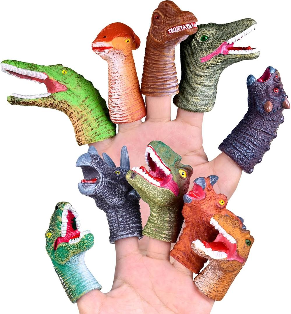 Fun Little Toys 10 Pcs Dinosaur Head Finger Puppets, Best Choice for Party Favors, Stocking Stuffers, Pinata Fillers and Goodie Bag Fillers