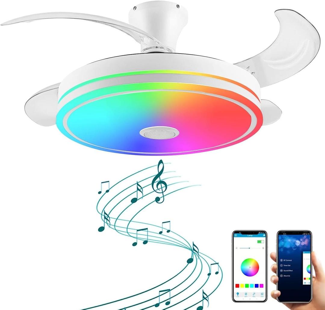 42in retractable ceiling fan with lights remote control,RGB color changing Bluetooth Ceiling Fan With Speaker Low Profile Modern Flush Mount for Bedroom, Living Room fandelier