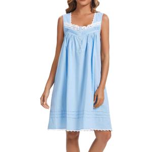 AVIIER 100% Cotton Nightgowns for Women Sleeveless Night Gown with Pockets (Blue, S)