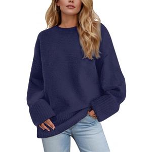 Women's Oversized Crewneck Sweaters, Long Sleeve Fuzzy Knit Casual Chunky Warm Fall Pullover Sweaters Top Trendy Outfits (Navy Blue, small)