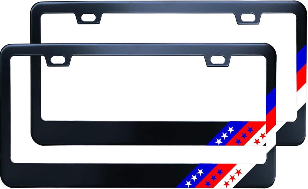 2PC American Flag Tri Color 3 Color Sport Racing License Plate Frames for Women/Men, Stainless Steel Car Tag Frame License Plate Holder with Screw Caps for US/CA Vehicles