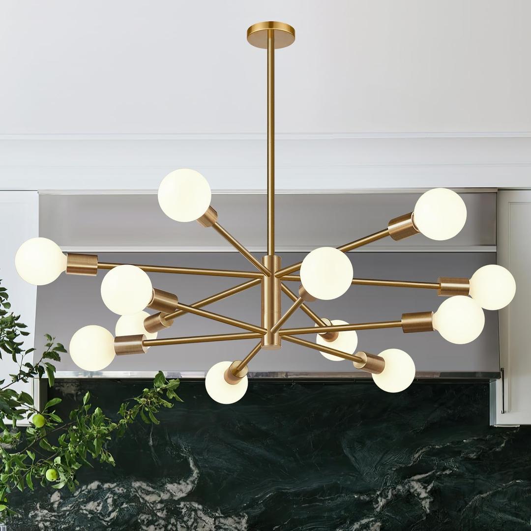 MQMQA Sputnik Chandeliers Dining Room Light Fixture (12-Light, 33-Inch), Modern Brushed Brass Chandelier, Height Adjustable Mid Century Modern Chandeliers for Dining Room Kitchen (Bulbs not Included)