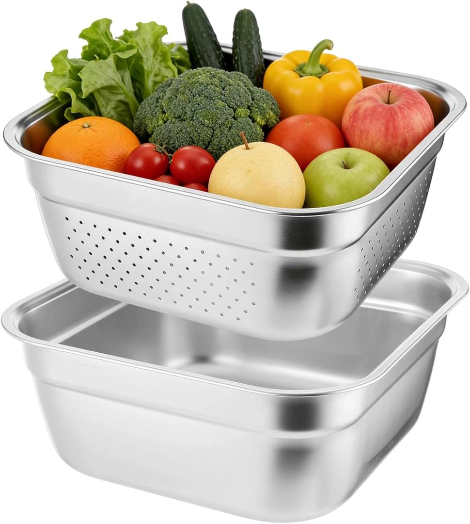 2-Pack Square Stainless Steel Dishwashing Basin Set with Colander, 12.2 Inch Sink Organizer for Washing Vegetables, Rice, and Dishes, 304 Mirror Polished