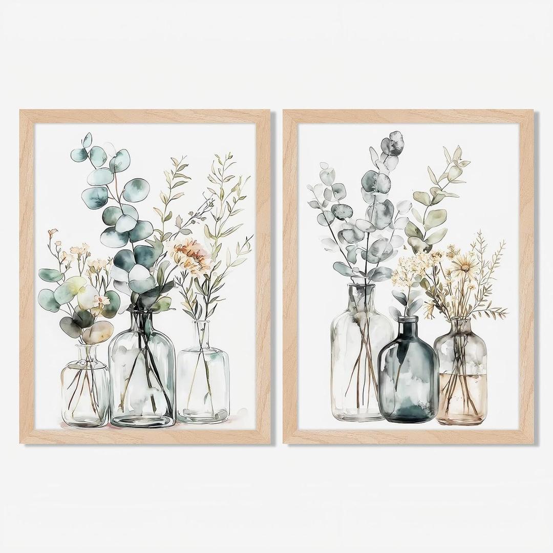 Framed Boho Eucalyptus Wall Art 2Pcs,Sage Green Plant and Flower in Glass Vase Canvas Prints, Minimalist Botanical Painting Picture, Nature Poster Artwork for Living Room,Bathroom, Kitchen Wall Decor 8X10IN