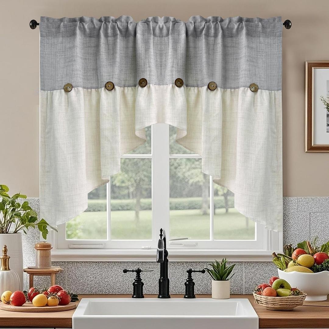 Grey Linen Curtain Swag for Living Room Button Kitchen Curtain Farmhouse Valance Privacy Rod Pocket Boho Window Tiers for Small Windows Bathroom Bedroom 1 Panel, W79 x L35 inch