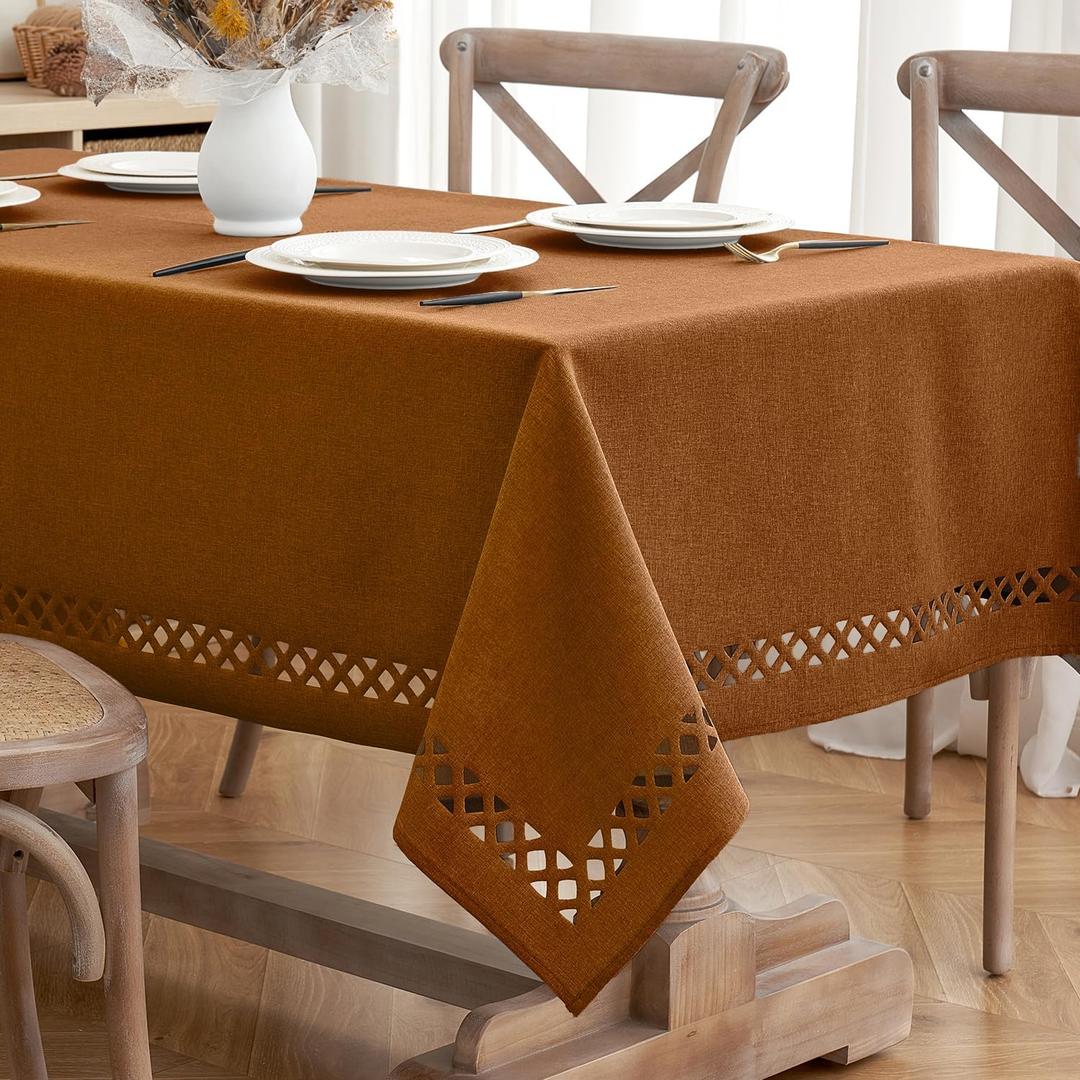 MIULEE Brown Thick Polyester Linen Rectangle Tablecloth with Decorative Cutouts Waterproof Stain Resistant Table Cloth Spring Boho Farmhouse Table Cover for Dining Party Wedding, 120 x 55 inch