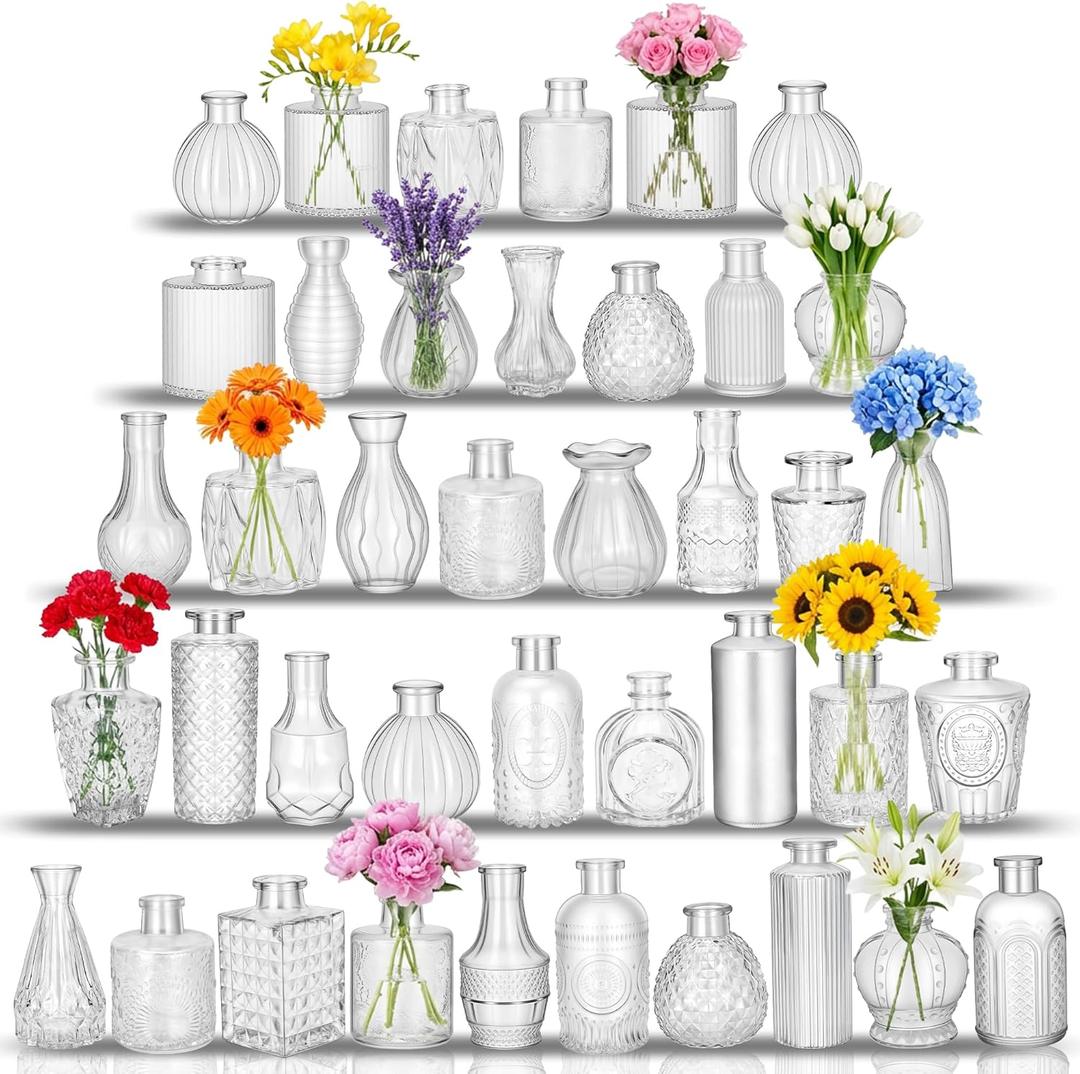 Glass Bud Vases in Bulk Set of 40, Transparent Clear Variable Small Mini Glass Vases for Centerpieces, Crystal Vintage Vase for Flowers,Wedding, Table Decor, Baby Shower, Christmas, Home and Events