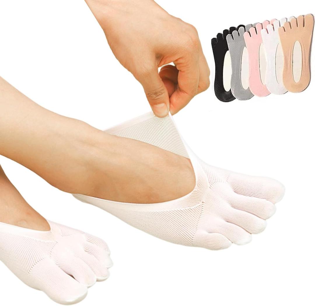 5 Pairs Orthopedic Toe Compression Socks for Bunion, Low Cut Liner Five Finger Socks No Show with Gel Tab Athletic Breathable Toe Separator Sock for Women