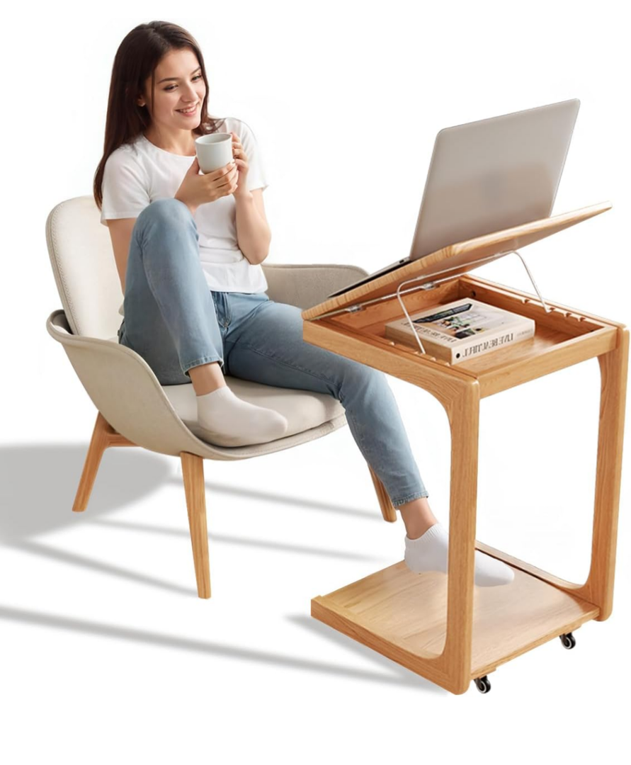Wooden C-Shaped End Table,Couch Table with Adjustable Desktop,Small Rolling Side Table with 2 Lockable Wheels,Small End Table for Couch, Living Room,Bedroom (Natural)