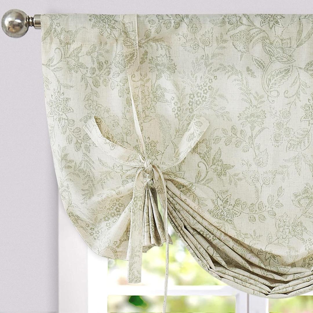 jinchan Linen Tie Up Valance Curtain 45 Inches Floral Printed Valance for Windows Adjustable Window Treatments Tie-up Shade for Living Room Farmhouse Rod Pocket 1 Panel Sage on Beige