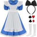 Halloween Costume for Girls, Bule White Callar Dress, White Apron and Black Headband (Small (5-7Yr))
