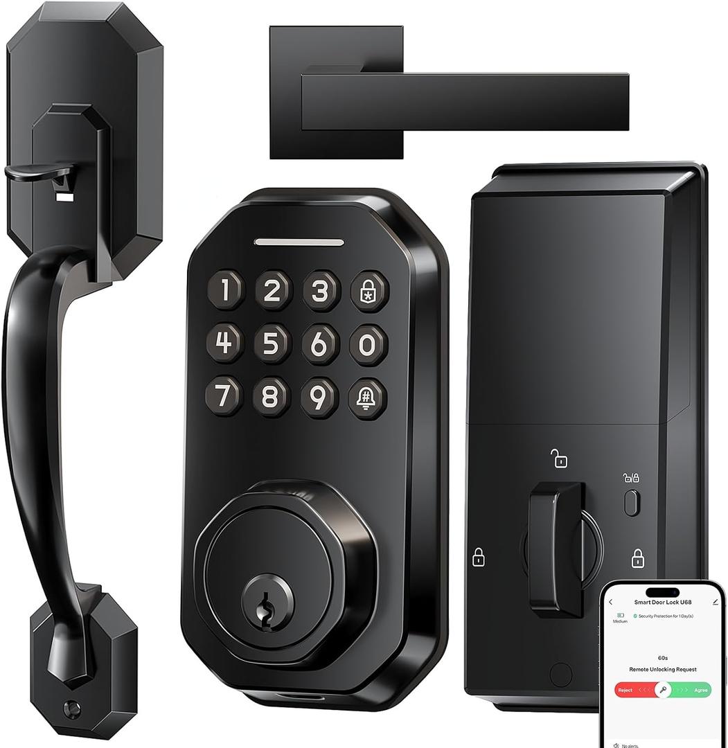 WiFi Smart Door Lock for Front Door, App Control, Keyless Entry Door Lock with Handle Set, Auto Lock, One-time Codes, Easy Install, Matte Black.