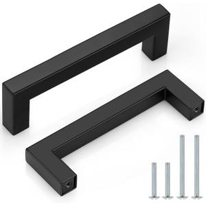 Probrico (5 Pack) Flat Black Square Cabinet Handles 4 inch (102mm) Hole Centers Drawer Pulls for Cupboard Dresser, Stainless Steel Kitchen Bathroom Hardware, Overall Length 4-1/2 inch (114 mm)