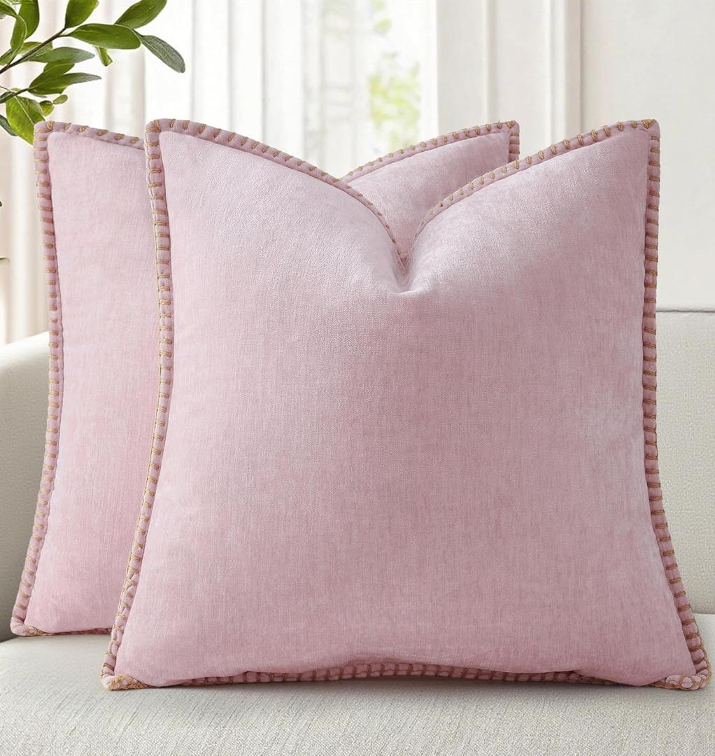 decorUhome Chenille Soft Cozy Throw Pillow Covers 22x22 Set of 2 Modern Farmhouse Boho Velvet Decorative Euro Sham Pillow Cases with Stitched Edge for Couch Sofa Bed Home Valentines Decor, Blush Pink