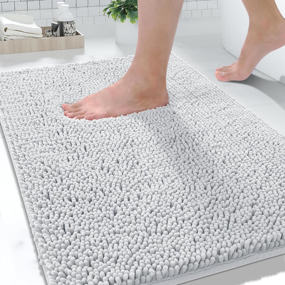 Yimobra Washable Bathroom Rugs, Super Soft & Absorbent Chenille Bath Mat for Floor & Carpet, Quick Dry Non Slip Bath Mat for Tub Shower, 32"x20",Silver