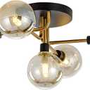 KCO Lighting 5-Light Mid-Century Modern Glass Globe Semi Flush Mount Ceiling Light Black and Gold Brush Metal Sputnik Chandelier Farmhouse Vintage Close to Ceiling Lighting (Amber)