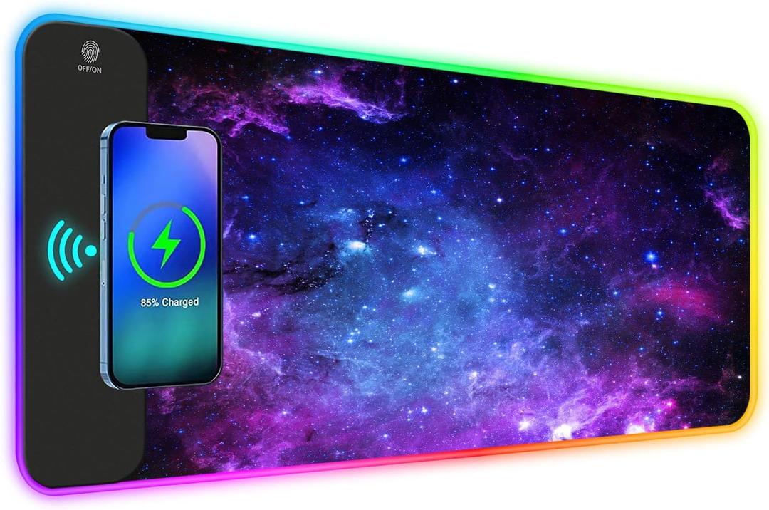 ToLuLu RGB Gaming Wireless Charging Mouse Pad, 7.5/10/15W 10 Light Modes LED Mouse Pad Computer Keyboard Mat Mousepad, 800x300x4MM Extended Large Desk Mat for MacBook, Laptop, PC, Purple Galaxy Space