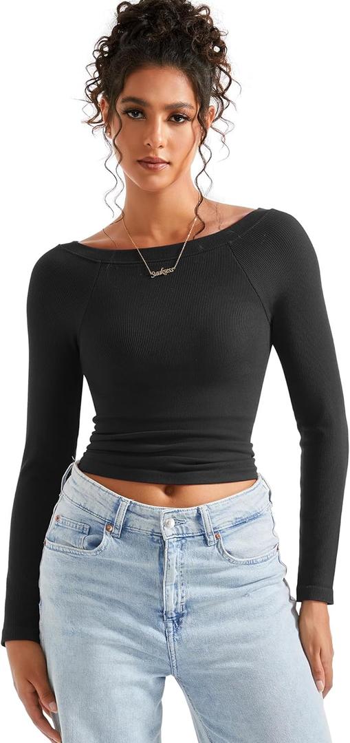 SUUKSESS Women Spring Modal Ribbed Top Boat Neck Long Sleeve Shirts Basic Going Out T Shirts (Large, Black)