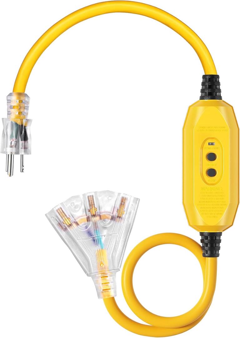 DEWENWILS 3 FT Automatic GFCI Extension Cord Outdoor, 12/3 Gauge Extension Cord for Multiple Appliances, Heavy Duty Power Cable with LED Lighted 3 Prong Plug, Yellow, UL Listed