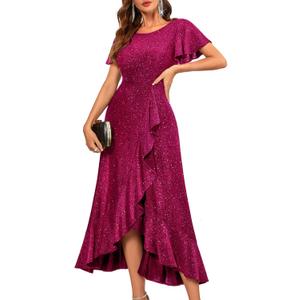 BeryLove Women Sequin Formal Party Dress Flutter Short Sleeve Wedding Cocktail Long Evening Dress (Large, Rose)