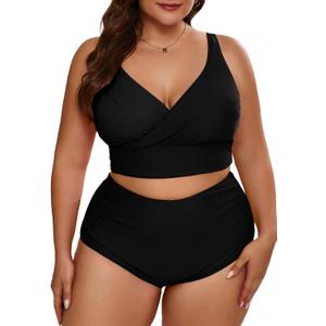 Eytino Womens Plus Size Bikini Sets High Waisted V Neck Bahting Suits Two Piece Color Block Swimsuits (4X, Black)