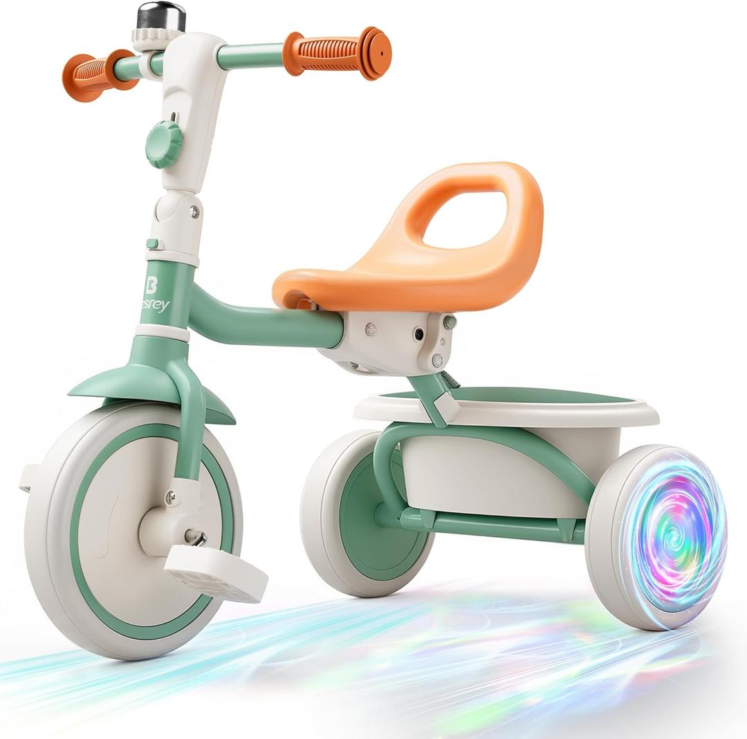 besrey Kids Tricycle with Flash Wheels for Ages 18 Months to 5 Years, Toddler Tricycle with Bell, Kids Tricycle, Gift for 2-5 Year Olds, Gift and Toy for Boys and Girls, Tricycle for Toddlers, Green (Green Flash Wheel)