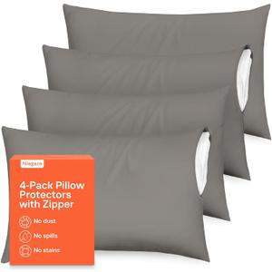 Ultra Soft Pillow Protectors with Zipper Standard Size - Set of 4 Breathable Pillow Covers - 100% Protection Against Stains, Dust & Dirt - Machine Washable (Gray)