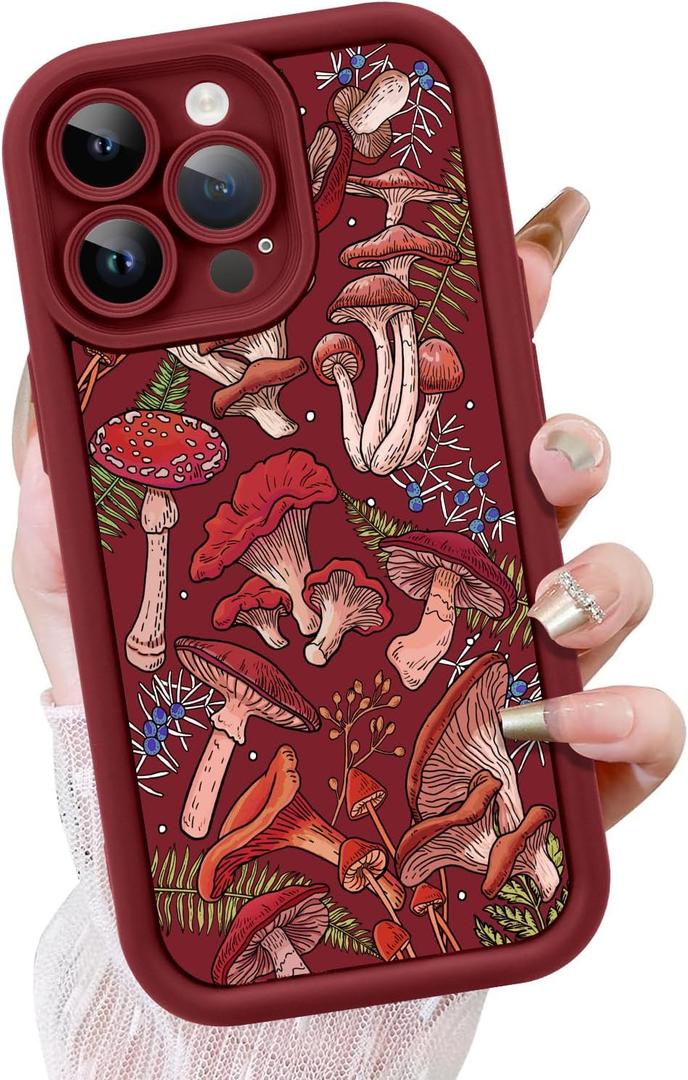 KANGHAR Case for iPhone 12 Pro Case, Cute Mushroom Art Design Soft TPU Shockproof Protective for Women Girls Slim Phone Cover-Wine Red