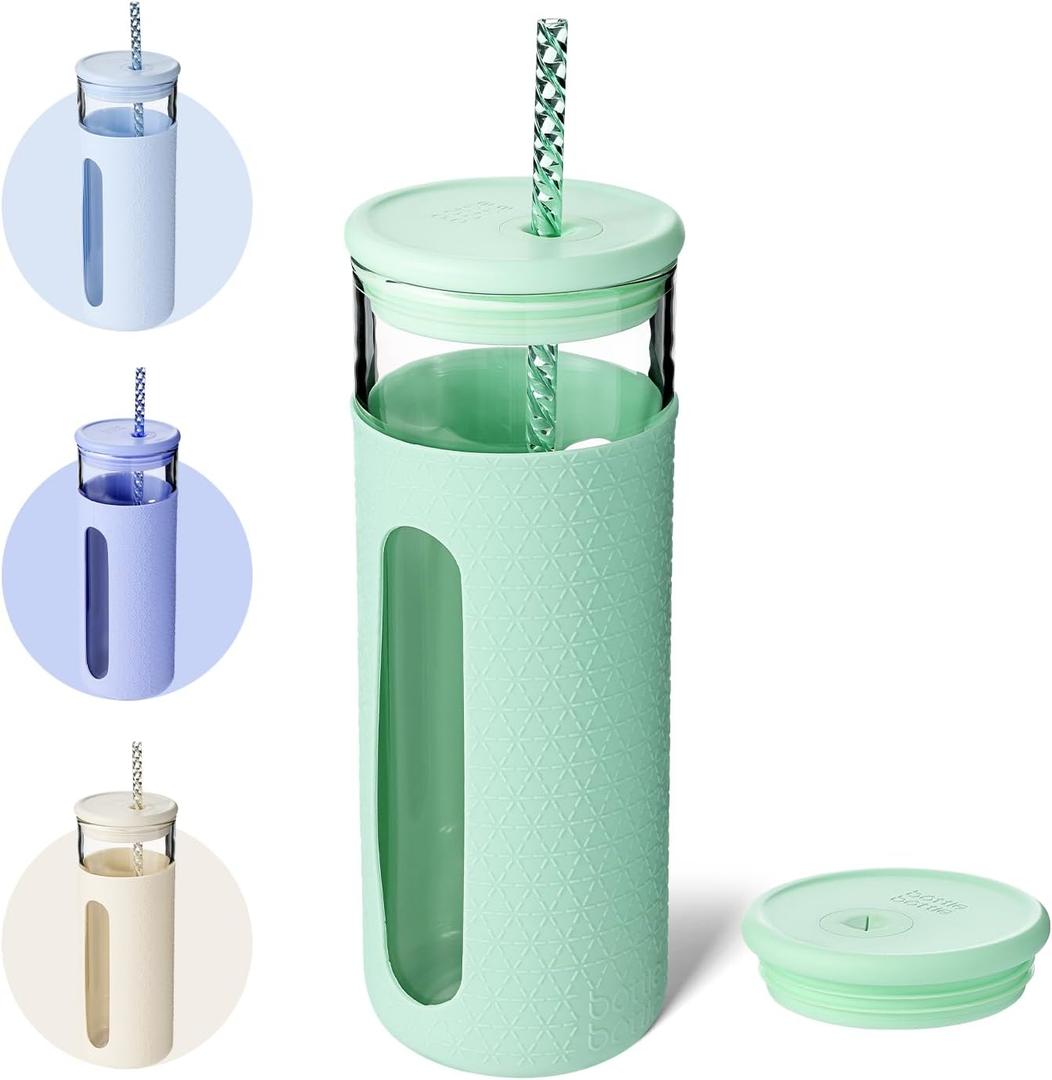 BOTTLE BOTTLE Glass Tumbler with Straw and Lid, 20 oz Glass Water Bottles, Reusable Iced Coffee tumbler, Smoothie Cup, Wide Mouth Cup with Silicone Sleeve, BPA FREE (Green)