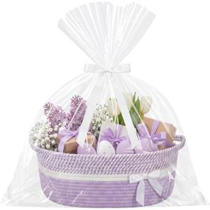 Colingmill Mother's Day Woven Gift Basket Empty for Women with Handles Ribbons Bow Tie Bag, Decorative Woven Gift Basket for Mom, Rope Storage Box Home Decor(14 x 10 x 5.5 Inch,Light Purple White)