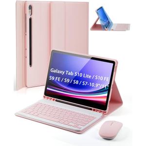 TUNKARMOR Case Keyboard for Samsung Galaxy Tab S10 Lite / S10 FE / S9 FE / S9 / S8 / S7 10.9"/11" Built-in Pencil Holder with Mouse (Pink)