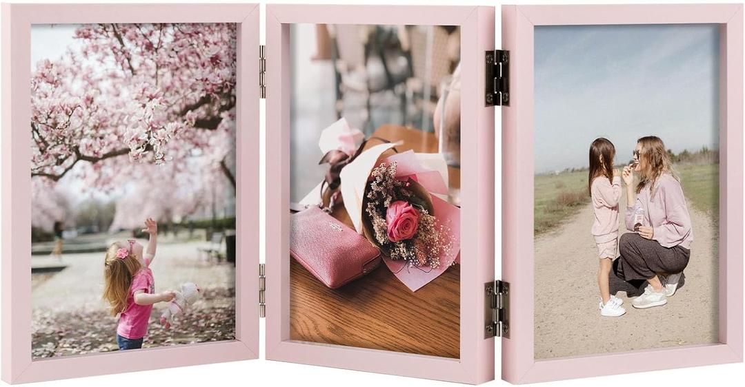 Space Art Deco Triple 4x6 Picture Frame, 3 4x6 Folding Photo Frame, Standing Vertically on Desktop or Tabletop, Home Decorative Christmas, Pink