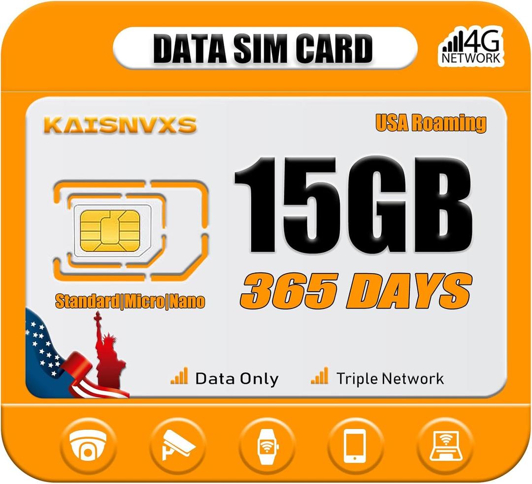 4G LTE Cellular Data SIM Card for 365 Days 15GB Compatible with USA Nationwide Networks for Security Cameras, Hunting Trail Cameras, Game Cameras, Tablets, Unlocked IoT Device,Plug and Play