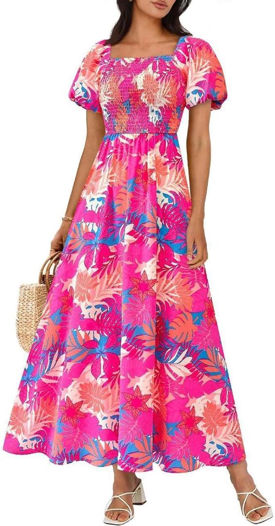 BTFBM Womens Spring 2026 Casual Maxi Dresses Short Sleeve Smocked Tiered Floral Boho Long Beach Dress with Pockets (Pink, XL)