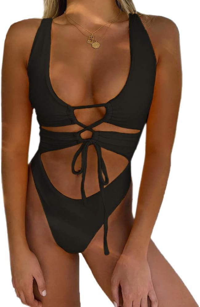 CHYRII Women's Black Sexy Cutout Lace Up Backless High Cut One Piece Swimsuit Monokini, XL