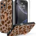 OOK for iPhone 16 Pro Case with Screen Protector, Cute Cow Print Design with Adjustable Finger Strap Kickstand Full Body Protection for Women Men Phone Cover-Brown