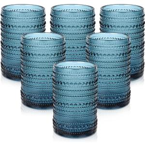 Vintage Glassware Drinking Glasses Set of 6,15 oz Hobnail Glass Cups,Embossed Blue Water Tumbler,for Beer,Cocktail,Whiskey,Juice and Various Mixed Drinks- 1 Cleaning Brush