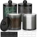 4 Pcs, Acrylic Qtip Holder Dispenser for Cotton Swab, Ball, Round Pads, Floss Picks - Clear Plastic Apothecary Jar Set, Bathroom Canister Decor Storage Accessories, Vanity Makeup Organizer, Black