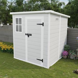 KEIKI 6x6 FT Outdoor Resin Storage Shed, Polypropylene Storage Shed with Floor & Window & Lockable Door & Vents, Garden Shed Tool Shed for Home Backyard Garden Lawn Pool Supplies, Light Grey