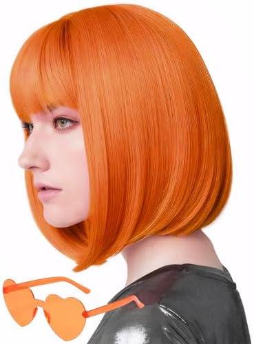 MIUSKATL Wig and Sunglasses 12 Inch Short Bob Wigs with Bangs for Women Costume Cosplay Party (Orange)