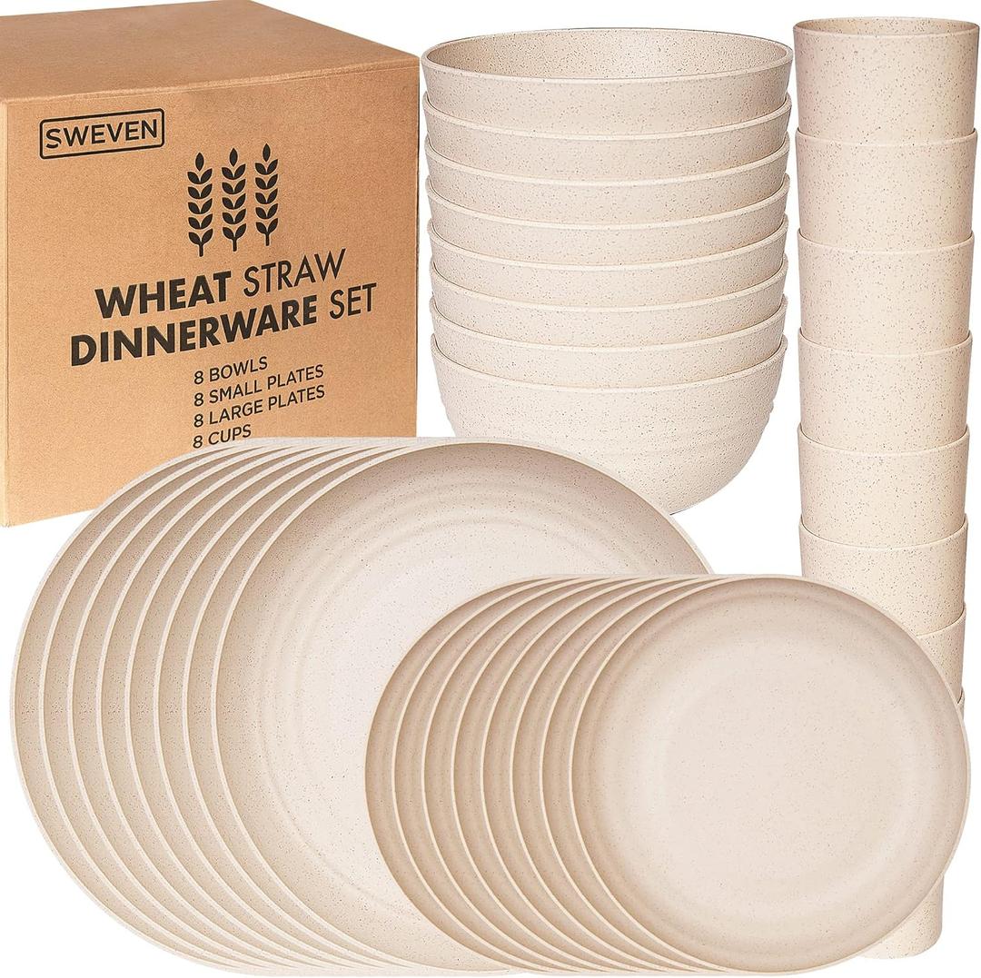 Wheat Straw Dinnerware Sets | Unbreakable Dinnerware Sets | Dishwasher Microwave Safe Dinnerware | Eco Friendly Non Breakable Dinnerware Sets | RV Outdoor Camping (Beige, Service for 8 (32 pcs))