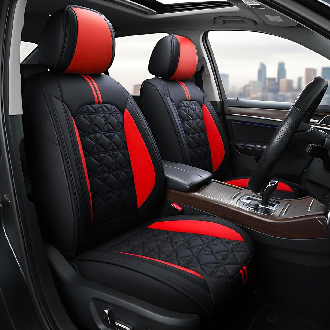 OASIS AUTO Car Seat Covers Premium Waterproof Faux Leather Cushion Universal Accessories Fit SUV Truck Sedan Automotive Vehicle Auto Interior Protector Full Set (Black&Red)