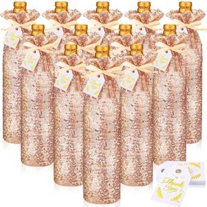 Shappy 12 Pcs Rose Gold Satin Wine Gift Bags with Drawstrings and Tags, Wine Bottle Bags Covers Reusable for Holiday Party Supplies